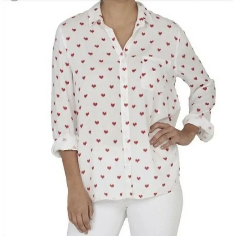 BeachLunchLounge Collection Women’s White Red Heart Button Down Blouse- No Size